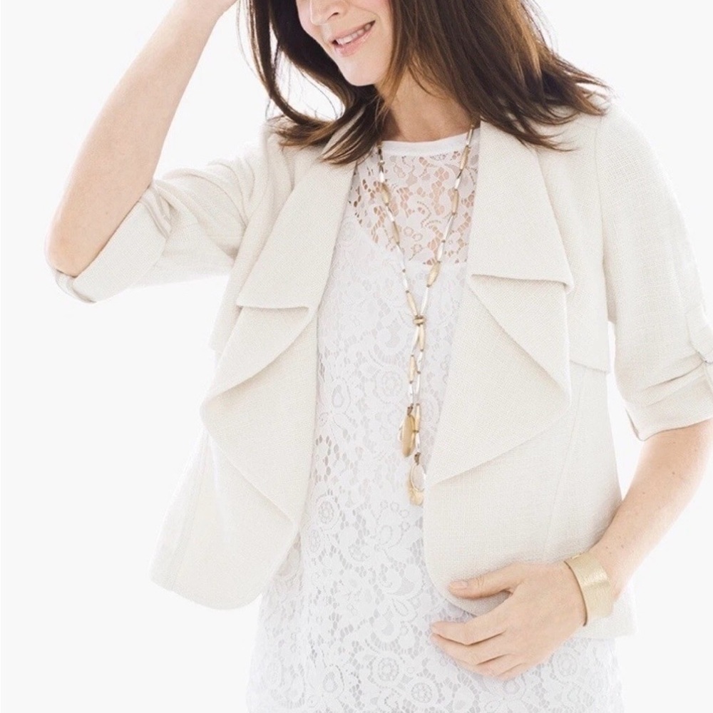 Chicos Ivory Jacket 1 Drape Front Crop 3/4 Sleeve Vintage White Cotton NWT $129